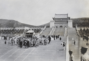 Sun Yat-sen's Catafalque approaching the steps leading to the Mausoleum, 1929