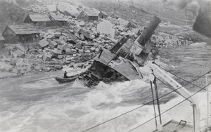  Wreck of a steamer and some huts in the background, Yangtze Gorges