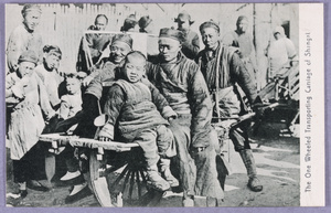 Wheelbarrow man with passengers, in winter, Shanghai