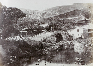 Lotus pond and bridge at a temple, Putuoshan (Mount Putuo)
