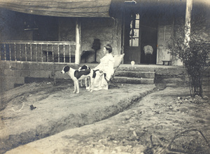 Alice Sophia Plant, with two dogs, at the Plant's bungalow above the Xintan Rapid, Upper Yangtze River