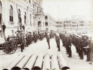 The Hong Kong Fire Brigade lining up for inspection, the Praya, Hong Kong