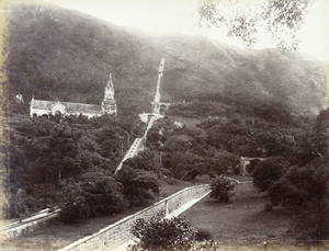 The Victoria Peak Tramway, and the Catholic Cathedral of Immaculate Conception in the background, Hong Kong
