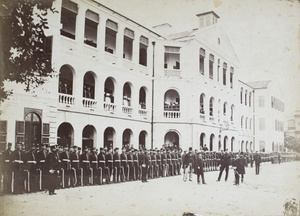 Police officers lining up for inspection, the Central Police Station, Hong Kong