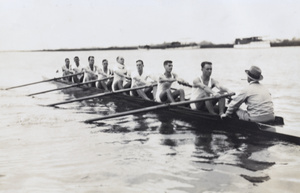 Jack Ephgrave sweep rowing in a men's eight, Shanghai Rowing Club, Huangpu river