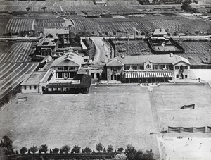 Aerial view of Columbia Country Club, Great Western Road, and fields, Shanghai