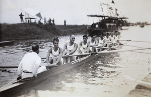 Men's eight sweep rowing on the Huangpu river, Shanghai