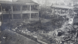 Bomb damaged British Cigarette Company factory buildings, Pudong, Shanghai
