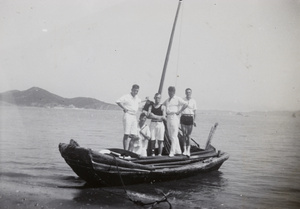 F. Hagger with four other men on a boat, Weihai (威海)