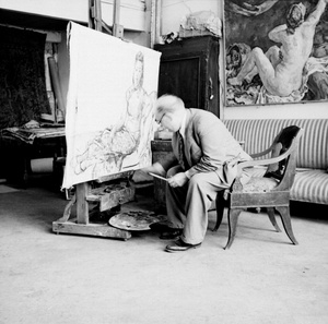 Pyotr Konchalovsky working on a portrait of Hu Jibang (胡济邦), 1945