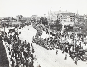 Jhansi Brigade (Shanghai Defence Force) marching across Garden Bridge, Shanghai, February 1927