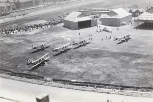 RAF aircraft and matshed hangers, Shanghai Recreation Ground