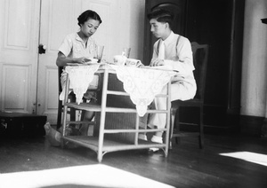 Lucy and Fred Hutchinson, breakfasting in the Repulse Bay Hotel, Hong Kong