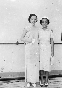 Helen Ho and Lucy Hutchinson on a ferry, Hong Kong