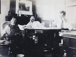 William Hutchinson and two unidentified men playing mahjong, Shanghai
