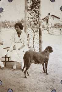 Young woman on a garden seat, dog, and man sawing timber in the garden of T. J. Roche, Shanghai