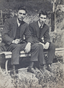 Bill Hutchinson and John Henderson sitting on a garden bench, 35 Tongshan Road, Hongkou, Shanghai