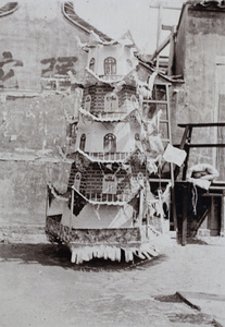 Paper pagoda, for burning at a funeral, in a street, Shanghai