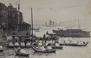 Water taxis and barges alongside a loading pier near the Japanese Consulate, Huangpu, Shanghai