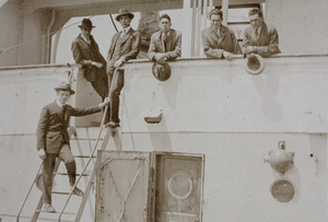 Bill Howes, Bill Hutchinson and four unidentified men aboard the 'Africa Maru', Shanghai