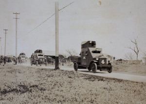 Shanghai Volunteer Corps armoured cars, numbered 4, 5, and 6, on a road training exercise, Shanghai