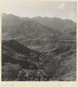 Guides and donkeys heading past terraced hills into a valley west of Ta-tsun Village [sic] in the Lost Tribe country