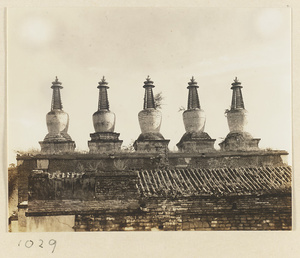 Detail of Wu ta bai tai at Pu tuo zong cheng miao showing five stupa-style pagodas on the roof