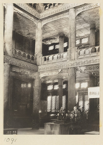 Multi-story interior view of Miao gao zhuang yan dian at Xu mi fu shou zhi miao showing altar and upper galleries