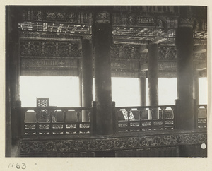 Interior view of Pu du dian at Yi li miao showing second story gallery