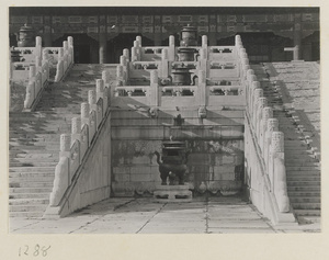 Detail of south facade of Tai he dian showing marble stairs and bronze incense burners