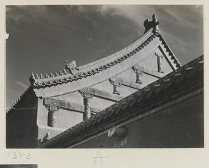 Roof detail showing gable with glazed-tile relief work and roof ornaments in the Forbidden City