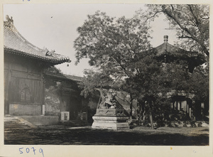Northeast corner of first courtyard at Yong he gong showing detail of Tian wang dian (left), lion, and Dong bei ting