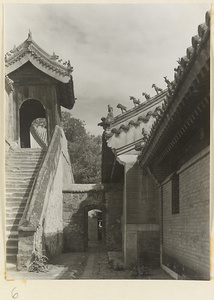 Detail of temple buildings at Xi yu si showing stairs and roof ornaments