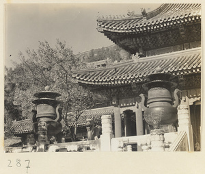 Incense burner, bronze dragon, and facade detail of Pai yun dian