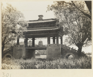 Bridge with double-eaved pavilion and view of Wanshou Hill in background