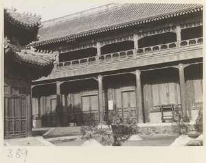 Facade of a two-story temple building at Wan shou si