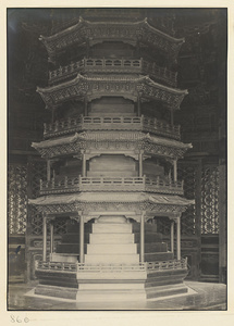 Interior of Qian sheng dian showing detail of seven-storied wooden pagoda