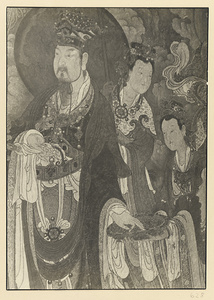 Detail of Ming dynasty mural on north wall showing Brahma and two attending maids