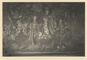 Detail of Ming dynasty mural showing Haritidem guarding a child, Bodhisattvas with attendants, and animals