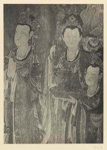 Detail of Ming dynasty mural on north wall showing Sakra-devanam Indra praying and two attending maids