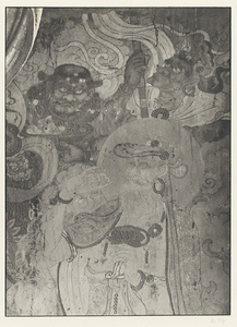 Detail of Ming dynasty mural showing a bodhisattva holding a lotus and two guardian figures