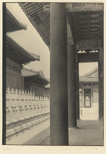 East facade and marble terraces of Qian dian (left), east facade of Zhong dian (left, background), and side hall (right, background) seen from the East Wing at Tai miao