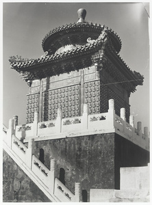 Detail of Shan yin dian showing tower with glazed-tile reliefs of Buddha