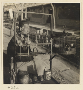 Candy vendor with display of blown candy and caged bird