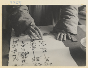 Artist Qi Baishi stamping an inscribed painting with his seal
