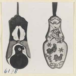 Two pipe bags, one with appliqué work, one with embroidered landscape scene, animals, and ling zhi motifs