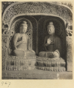 Detail of Cave 12 at Yun'gang showing a niche with two seated Buddhas on the east wall of the ante-chamber