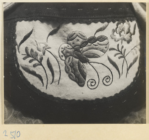 Embroidered purse from a village on the Shandong coast with design showing a butterfly and flowers