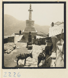 Stupa-style pagoda, incense burner, pilgrims, and donkeys on Miaofeng Mountain