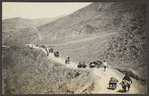 People with carts or wagons and pedestrians traveling along a road